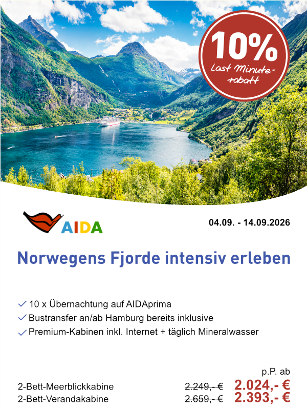 Weltenbummler Last Minute - AIDAprima Norwegens Fjorde